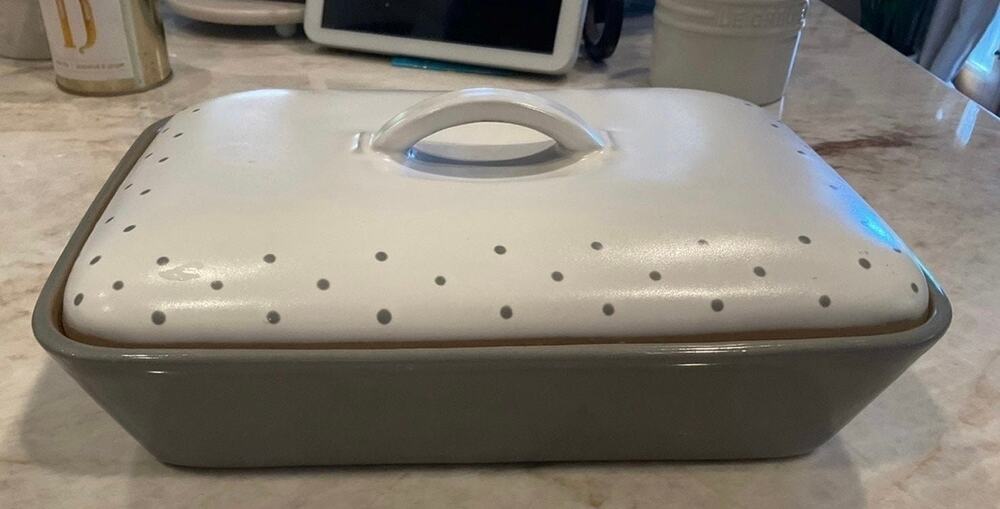 Denby England stoneware covered  baker gray and white polka dots
